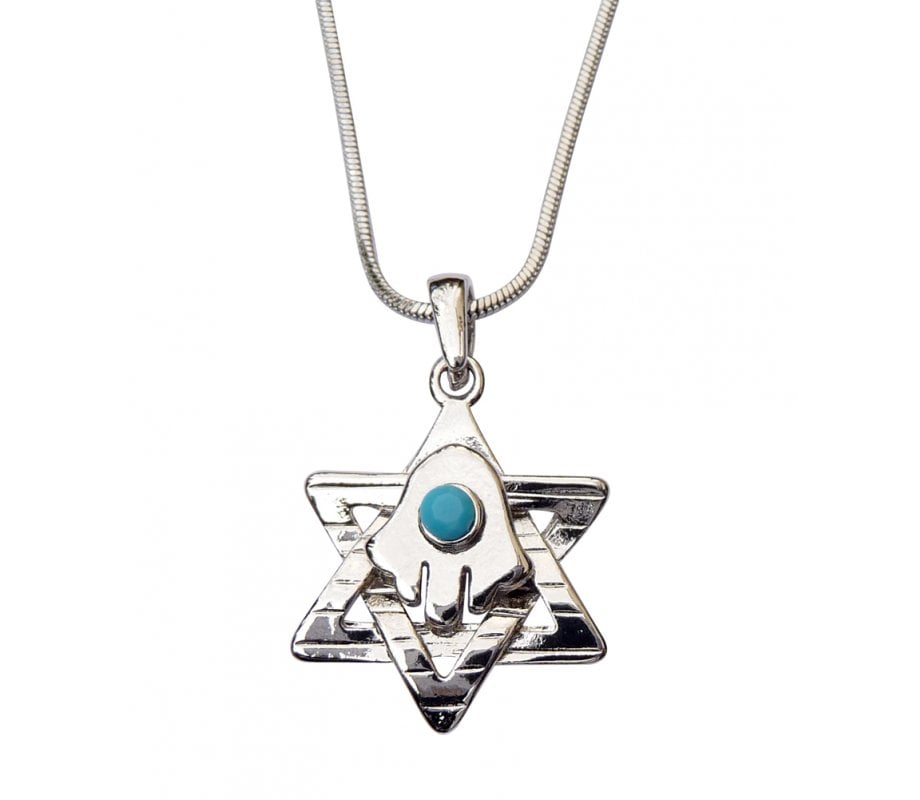 Pendant Necklace Star of David with Hamsa and Blue Stone