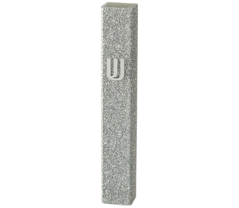 Perspex Mezuzah Case of Glittering Gray Silver, Silver Shin - Scroll of 12 cm