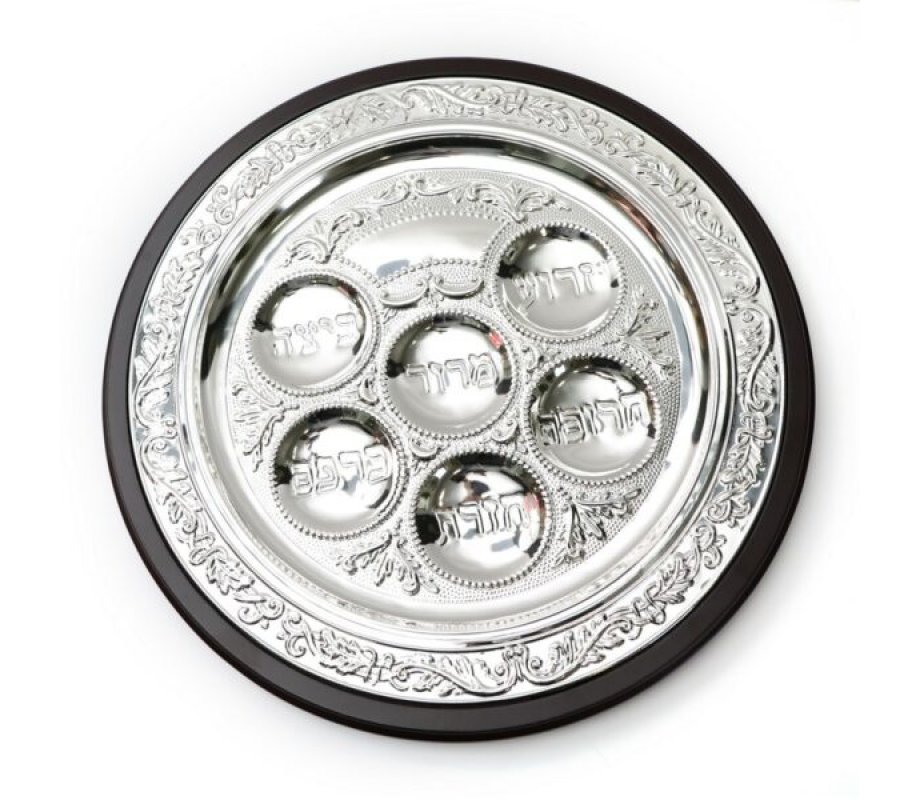 Pesach Passover Seder Plate, Silver Plate on Wood Base - Leaf Design