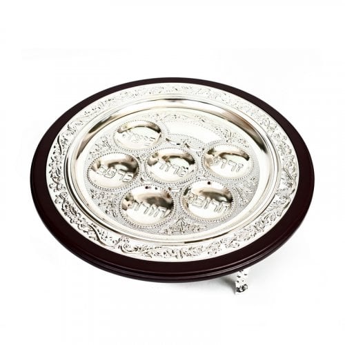 Pesach Passover Seder Plate, Silver Plate on Wood Base Small Feet - Leaf Design