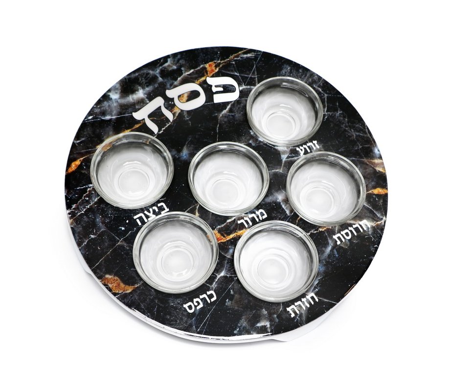 Pesach Passover Seder Plate with Six Glass Bowls - Black Gold Marble Design
