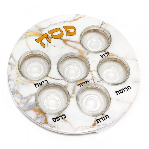 Pesach Passover Seder Plate with Six Glass Bowls - White and Gold Marble Design