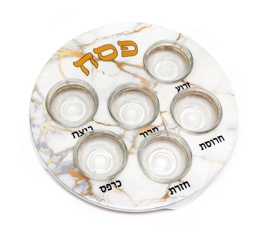 Pesach Passover Seder Plate with Six Glass Bowls - White and Gold Marble Design