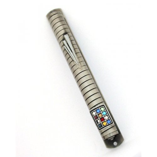 Pewter Mezuzah Case - Colorful Twelve Tribe Breastplate and Large Shin