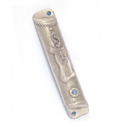 Pewter Plated Mezuzah Case - Judaic and Fish Symbols with Blue Stone
