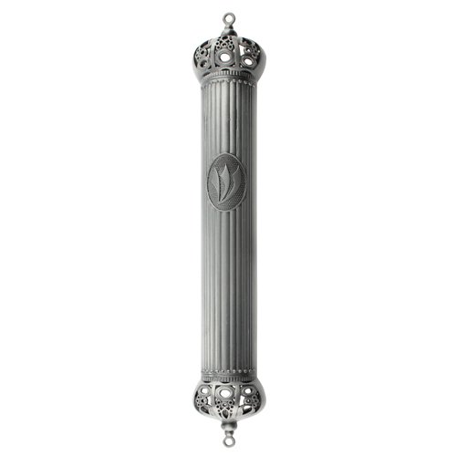 Pewter Plated Mezuzah Case - Stripes and Crown Image at Top and Base