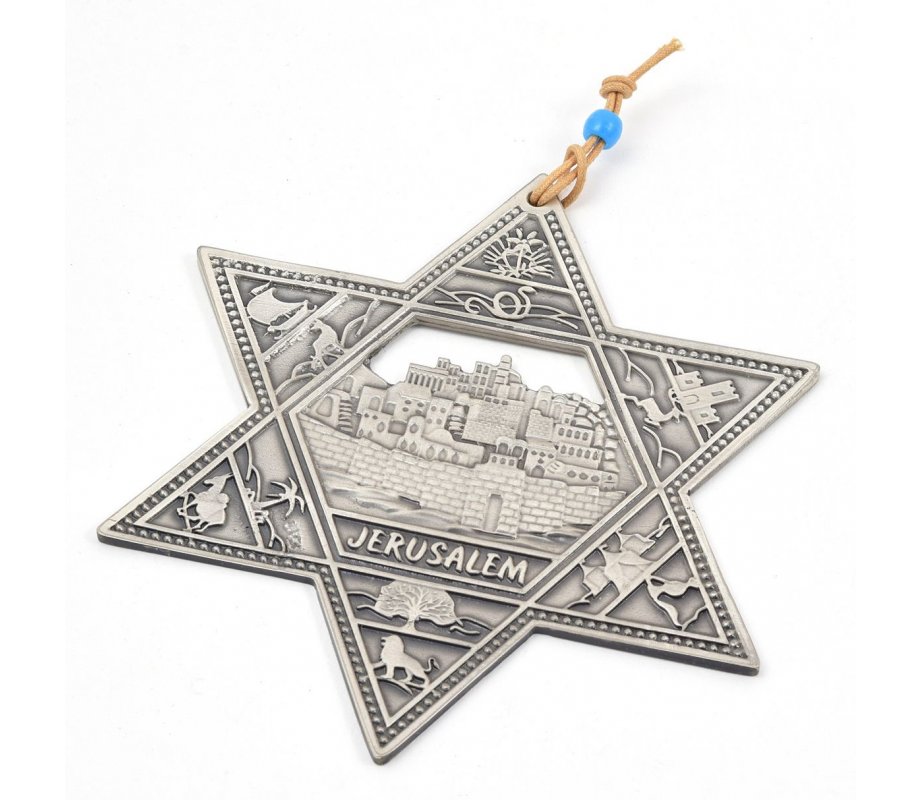 Pewter Star of David Wall Hanging with Twelve Tribes and Jerusalem Images