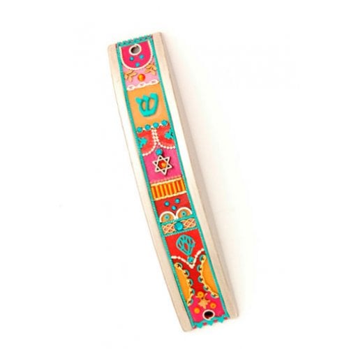 Pink and Red Curved Pewter Mezuzah - Ester Shahaf