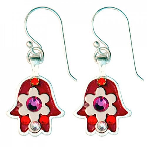 Pink and Red Flower Hamsa Earrings by Ester Shahaf