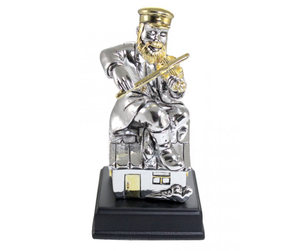 Polyresin Figurine, Silvered Hassid On Roof Playing