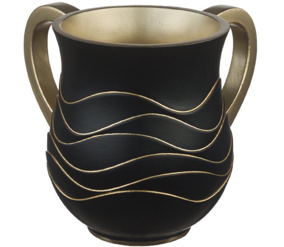 Polyresin Netilat Yadayim Wash Cup - Black and Gold Wave Design