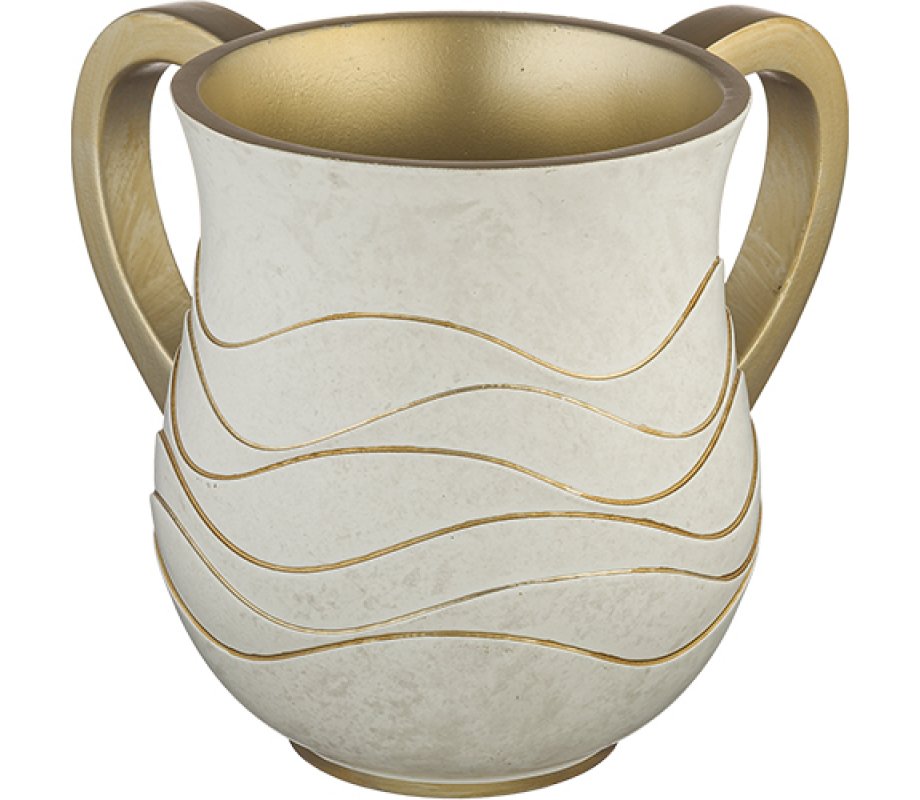 Polyresin Netilat Yadayim Wash Cup - Ivory and Gold Wave Design