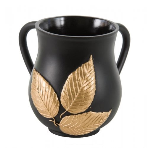 Polyresin Netilat Yadayim Wash Cup, Gold Leaf Decoration - Black