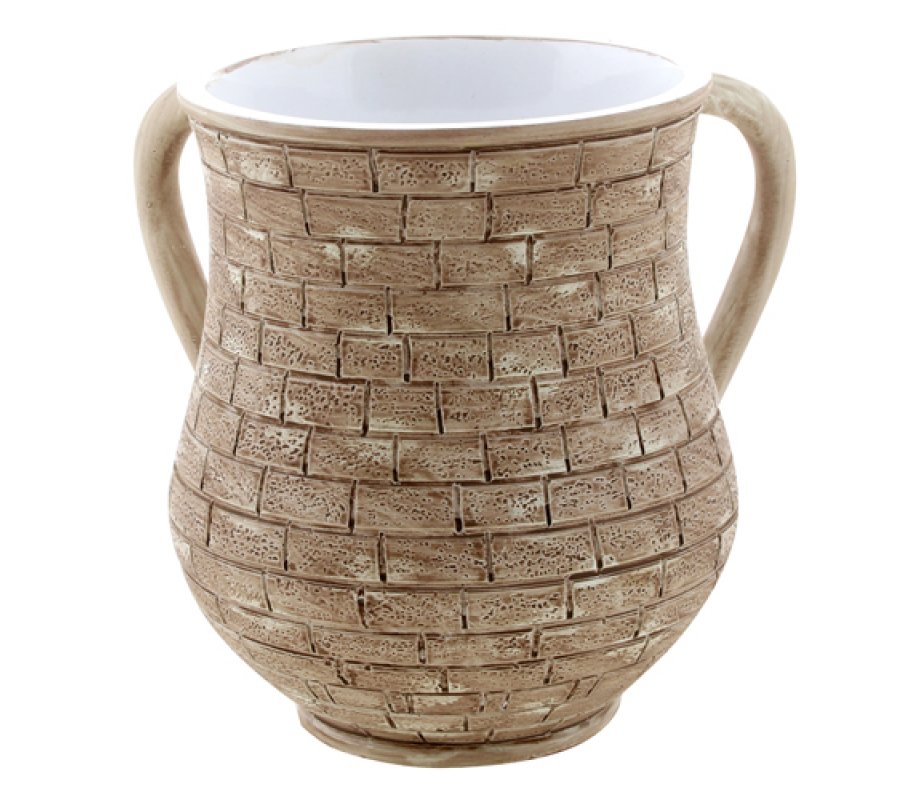 Polyresin Netilat Yadayim Wash Cup, Jerusalem Wall Design - Light Brown