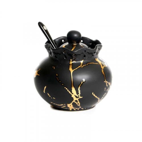 Pomegranate Ceramic Honey Dish with Lid and Spoon - Black with Gold Streaks