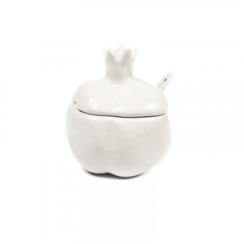 Pomegranate Shaped Ceramic Honey Dish with Lid and Spoon - White