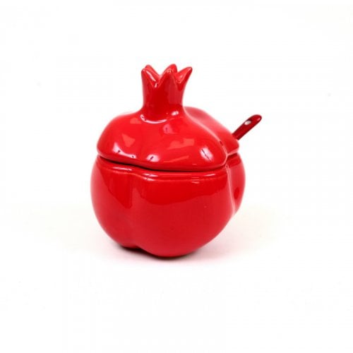 Pomegranate Shaped Honey Dish, Lid and Spoon - Red