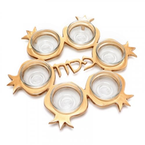 Pomegranate Shaped Seder Plate with Six Glass Bowls  Gold