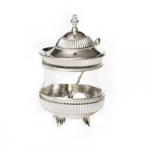 Raised Silver Honey Dish with Lid and Spoon, Stripe Design - Lid and Spoon