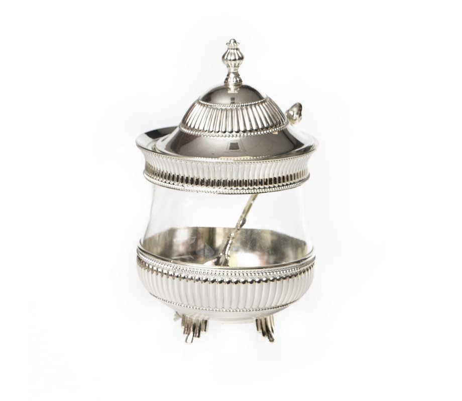 Raised Silver Honey Dish with Lid and Spoon, Stripe Design - Lid and Spoon