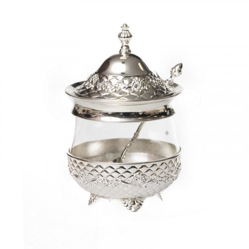 Raised Silver Metal Honey Dish with Diamond Design and Glass Body, Lid and Spoon