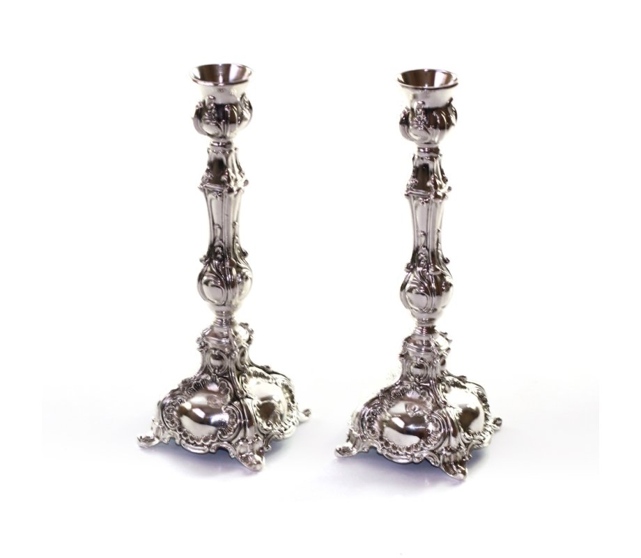 Raised Silver Plated Candlesticks with Elaborate Floral Design