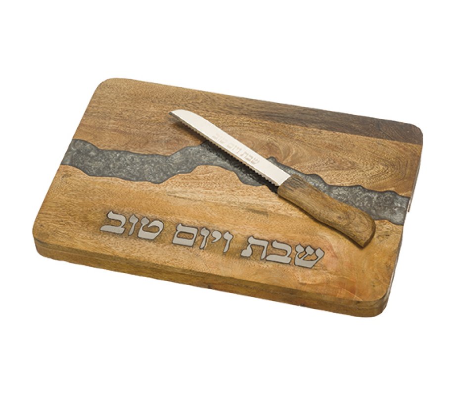 Raised Wood Challah Board with Dark Gray Epoxy Curved Vein - Matching Knife