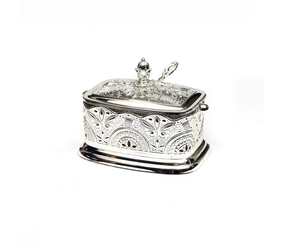 Rectangle Honey Dish with Elaborate Flower and Leaf Design - Lid and Spoon