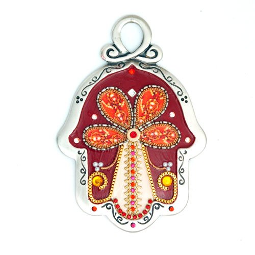 Red Flower Design Wall Hamsa by Ester Shahaf