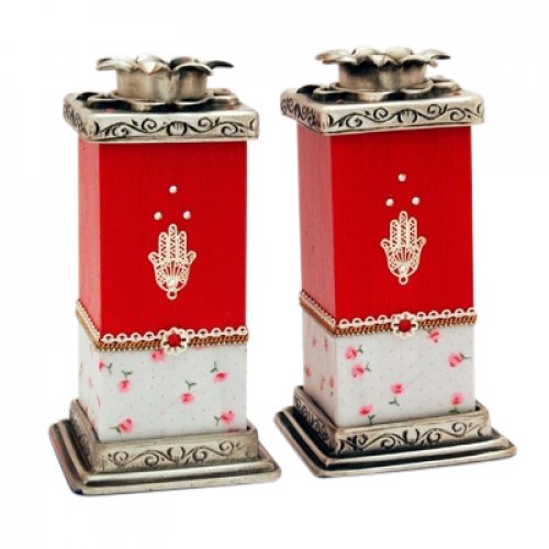 Red Hamsa Wood and Pewter Candlesticks by Ester Shahaf