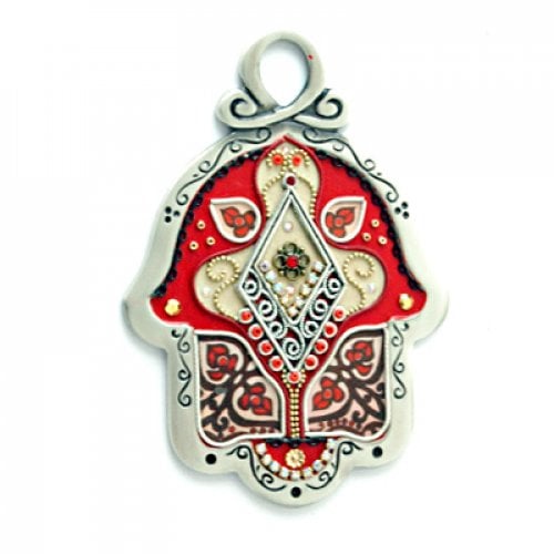 Red-Cream Flower Design Wall Hamsa by Ester Shahaf