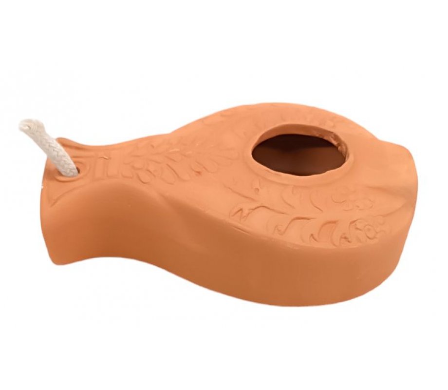 Replica of Ancient Biblical Clay Oil Lamp - Decorative Vine Engravings