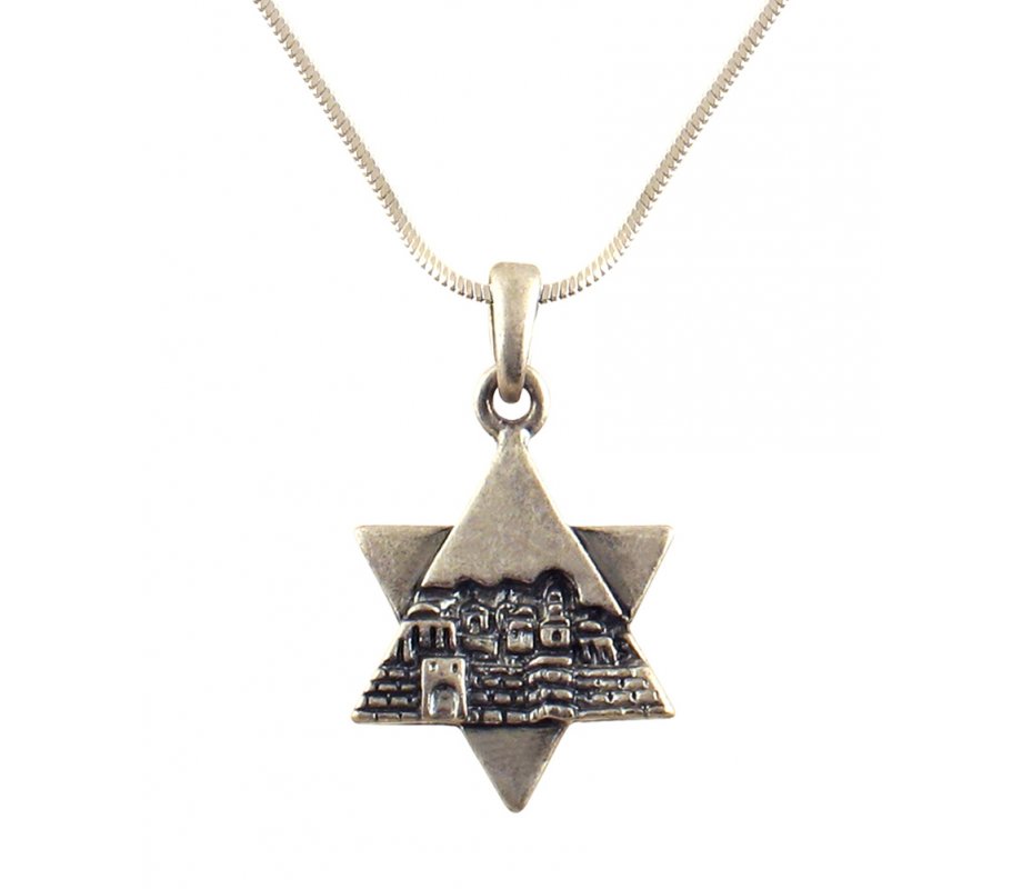 Rhodium Antique Finish Star of David Jerusalem Necklace