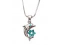 Rhodium Pendant Necklace - Dolphin with Gleaming Colored Star of David