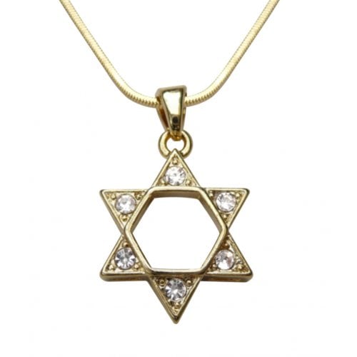 Rhodium Pendant Necklace, Gold Star of David with White Stones