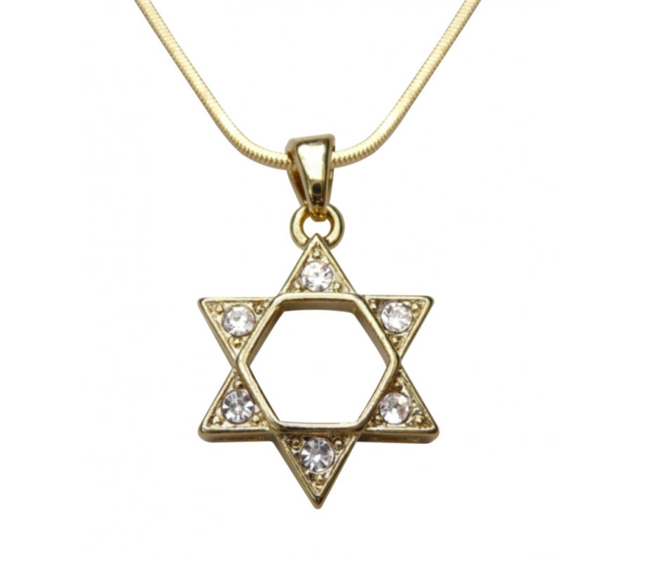 Rhodium Pendant Necklace, Gold Star of David with White Stones