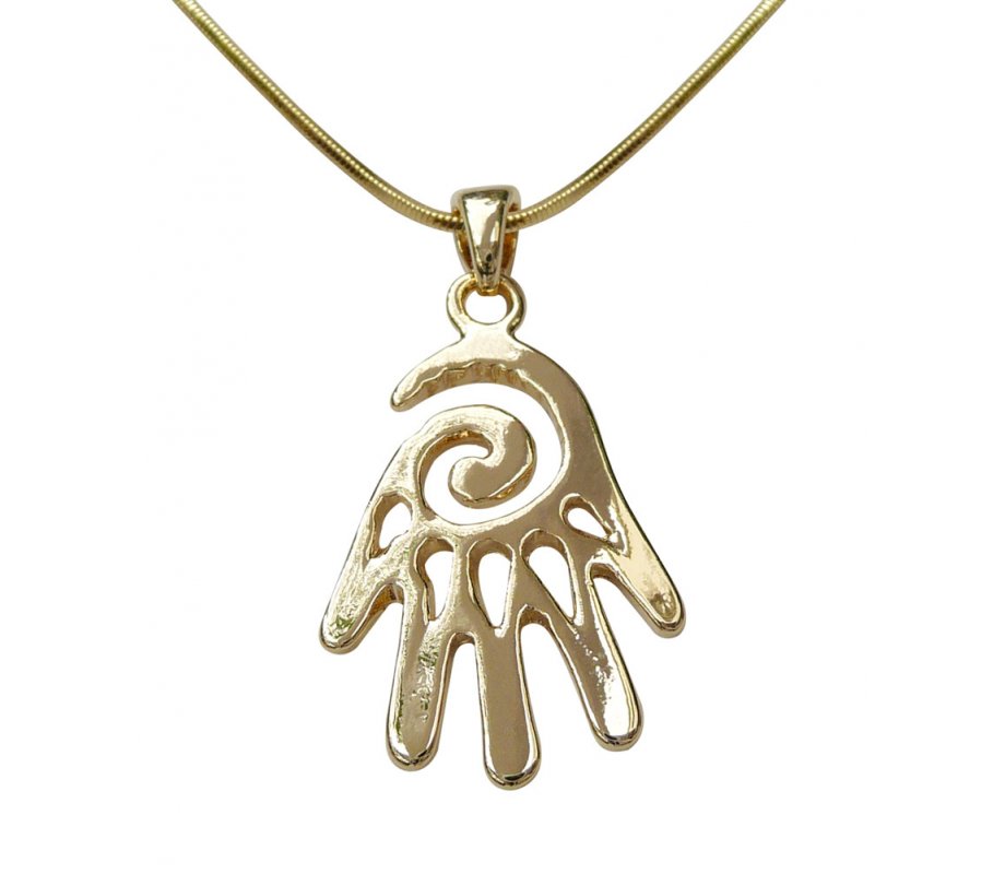 Rhodium Pendant Necklace, Open Hamsa Hand - Gold