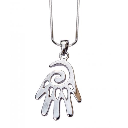 Rhodium Pendant Necklace, Open Hand Hamsa - Silver