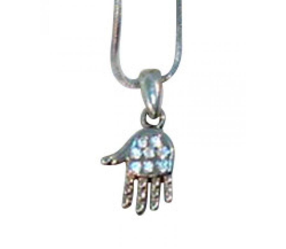 Rhodium Pendant Necklace, Open Palm Hamsa with White Stones
