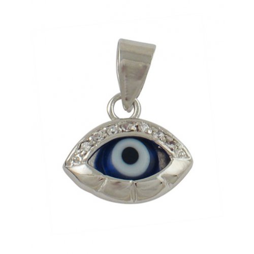 Rhodium Plated Gold Filled Eye Amulet Pendant with Zirconiums and Blue Pupil