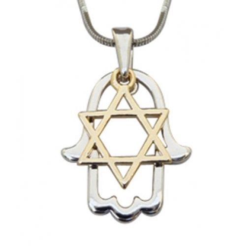 Rhodium Two Tone Pendant Necklace - Silver Hamsa and Gold Star of David