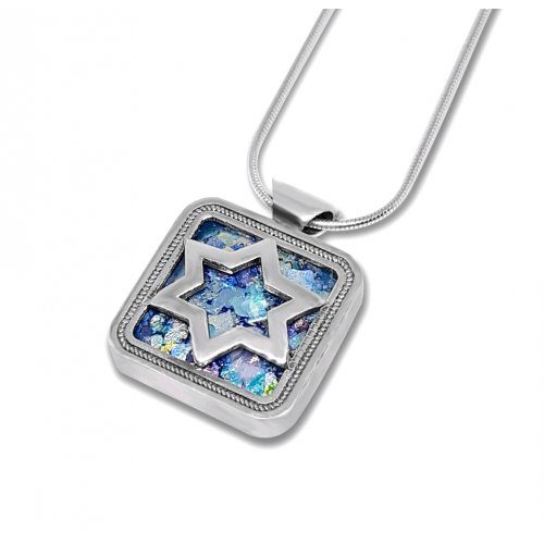 Roman Glass Filigree 925 Sterling Silver Necklace with Center Star of David