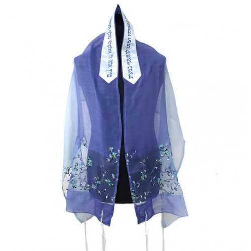 Ronit Gur Blue Flower Silk-Wool Tallit Prayer Shawl Set With Bag and Kippah