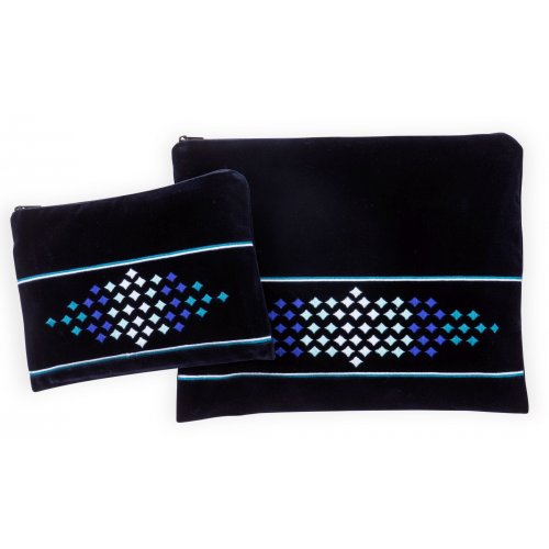 Ronit Gur Embroidered Velvet Tallit and Tefillin Bag  Blue and Silver Diamonds