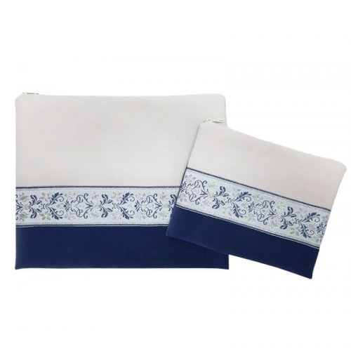 Ronit Gur Impala Tallit Bag Set, Blue and Off-White with Decorative Ribbon