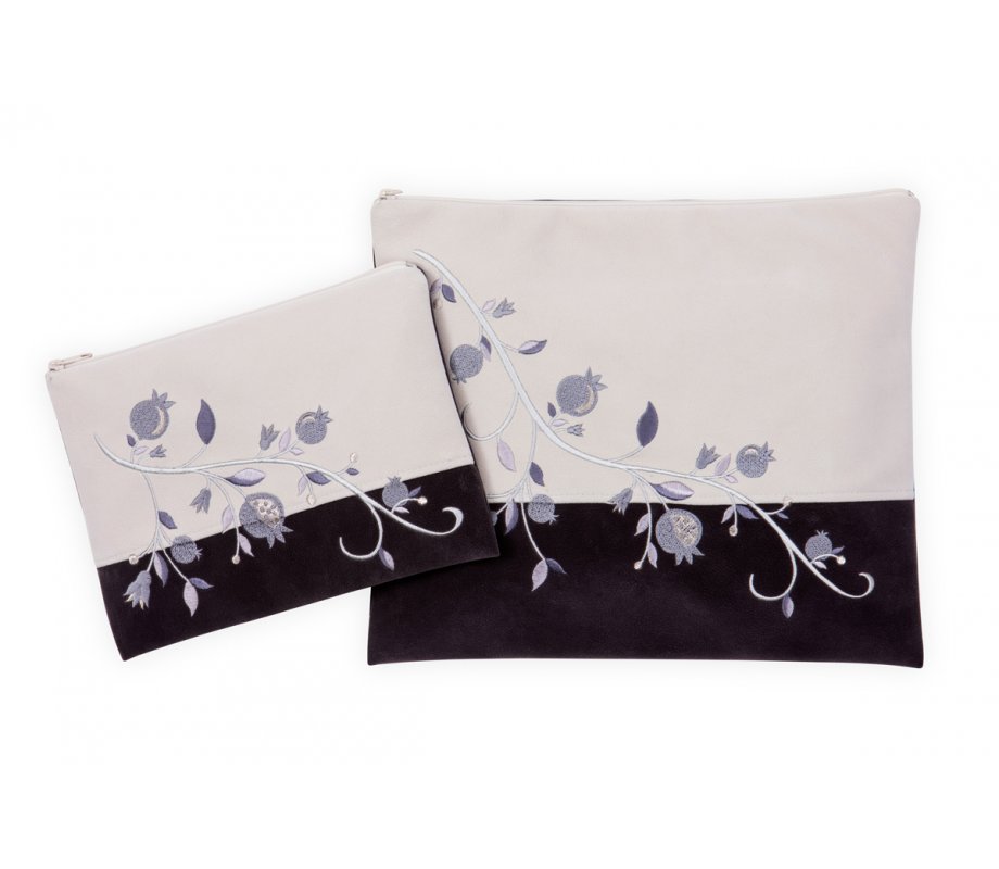 Ronit Gur Impala Tallit Bags Set Offwhite & Gray - Silver Embroidery Pomegranates