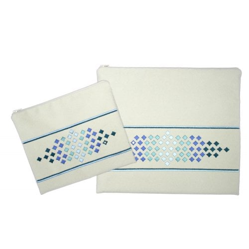 Ronit Gur Impala Tallit and Tefillin Bag Off-White - Embroidered Blue Diamonds