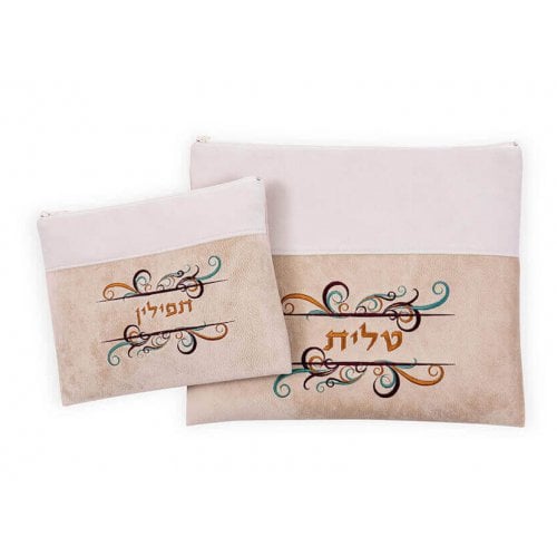 Ronit Gur Impala Tallit and Tefillin Bag Set with Swirls - Off White and Stone