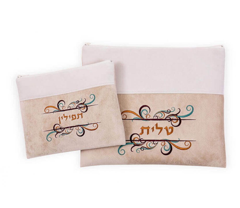 Ronit Gur Impala Tallit and Tefillin Bag Set with Swirls - Off White and Stone