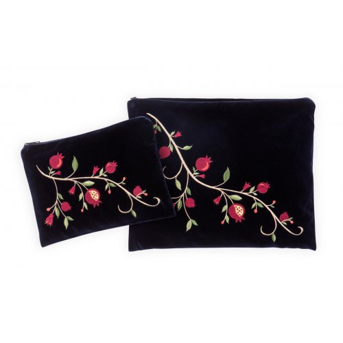 Ronit Gur Navy Velvet Tallit Bag Set, Embroidered Pomegranates - Shades of Red